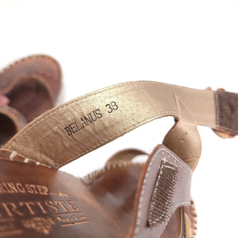 Spring Step L'Artiste Belanus Brown Leather Floral Wedge Sandals‎ Womens 38